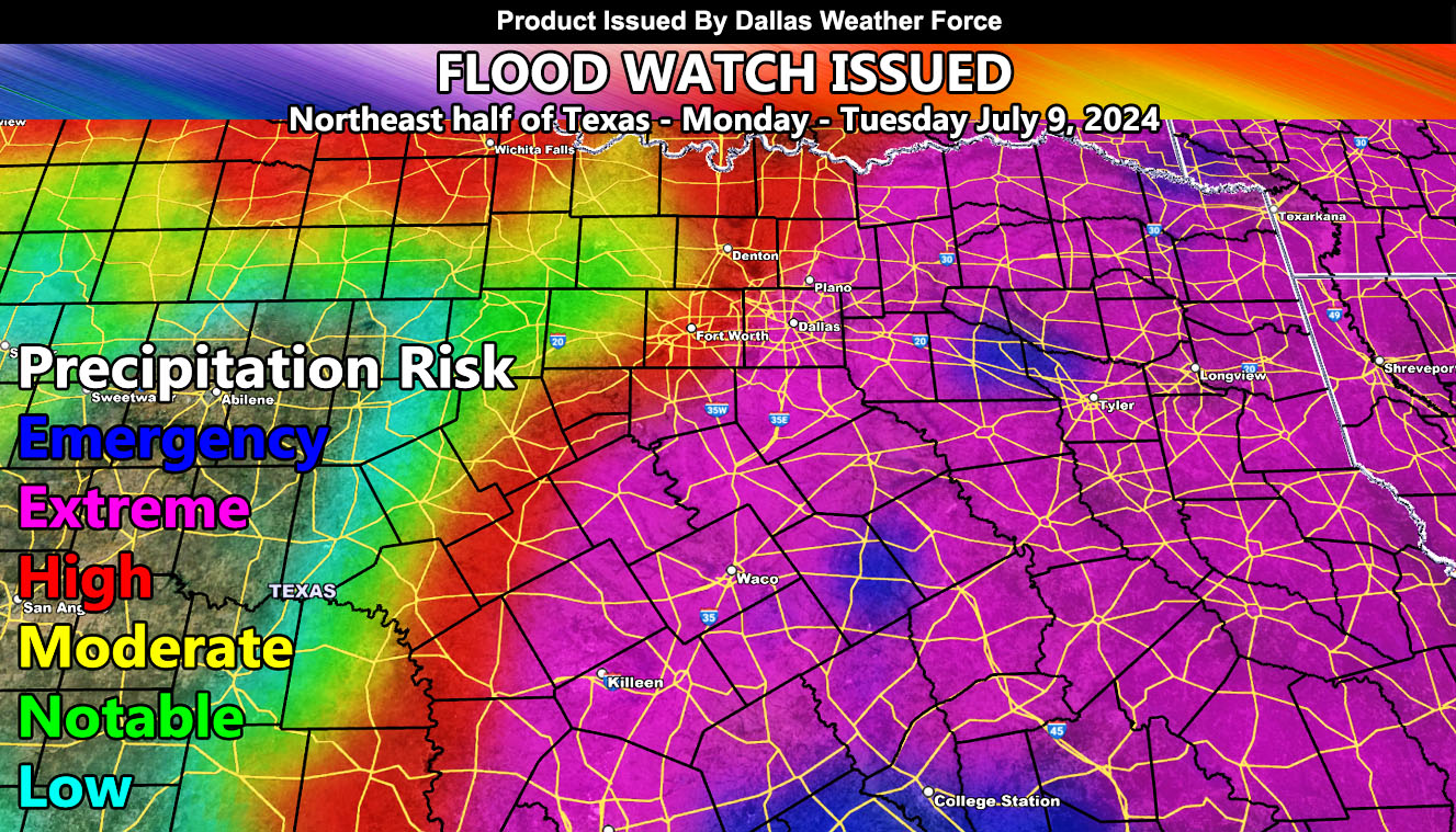 High Risk Flooding Expected for North and Eastern Texas Ahead of Hurricane Beryl for Monday into Tuesday July 9th, 2024