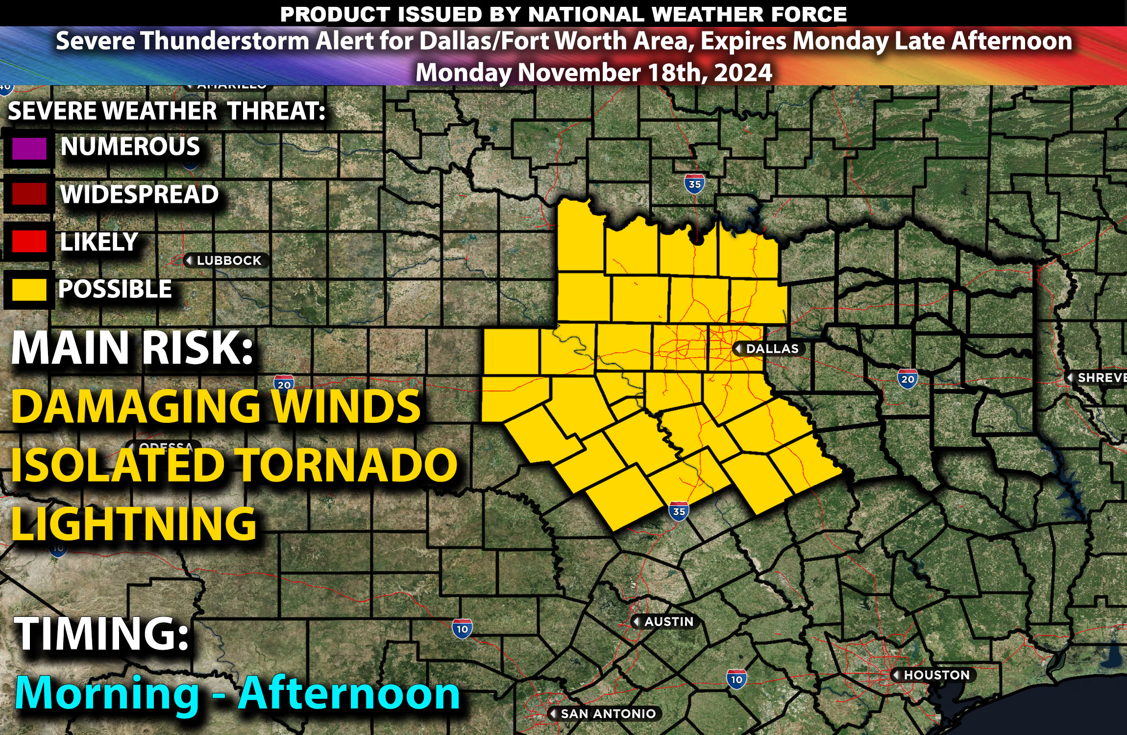 Severe Thunderstorm Alert  for Dallas/Fort Worth Area; Monday November 18, 2024